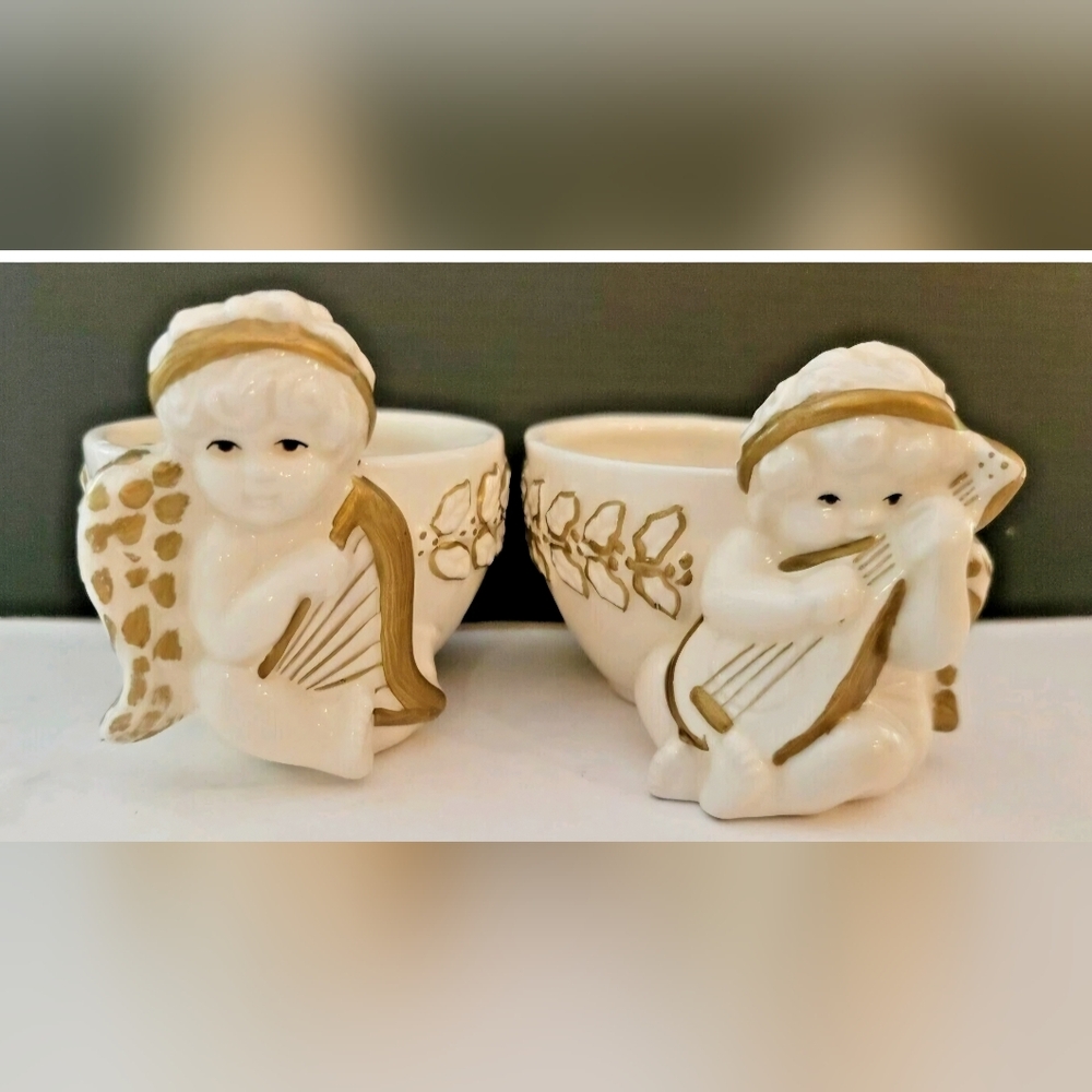 Set of Two Musical Gold Trimmed Cherubs by Allure Ceramic Dimensional Bowls 1996